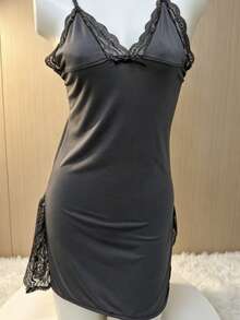 3-Piece Set Of Women's Solid Color Lace Pajamas, Lace Panel, Side Slit Skirt, Sexy Lace Home Sleepwear - Mixed Colors - View 10