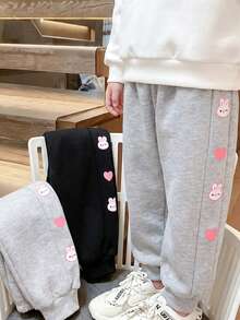 2pcs/Pack Girls Casual Fashion Rabbit & Heart Print Jogger Sweatpants For Daily Wear And Outings, Autumn/Winter - Multicolor - View 3