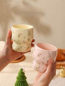 1pc Cute Rabbit Floral Coffee Cup, Handheld Cup Afternoon Tea Cup Dessert Cup Matcha Cup Ceramic Material, Suitable For Coffee Corner, Office, Back To School Season, Gift, Tumbler, Cup, One Cup Of Coffee - Multicolor - View 4