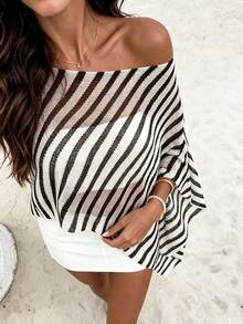 Blusa de punto de verano con diseño asimétrico de color a contraste y rayas, talla grande - Blanco y Negro - Ver 6