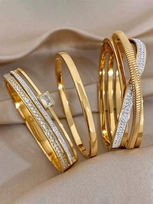 1Pc/3pcs Golden Luxury Zirconia Geometric Bangle Bracelet For Women,Stainless Steel Set,Daily/Beach Boho/Party/Wedding,Mom Gift,Valentine Birthday - Multicolor - View 6