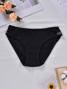 1 pieza Bragas de algodón acanalado de cintura media para mujer, bragas triangulares con empalme de encaje floral, ropa interior básica de uso diario - Negro - Ver 3