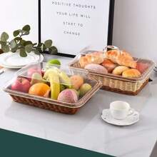 Woven Plastic Rattan Service Basket With Transparent Dust Cover, Essential Kitchen Accessory For Summer Holidays, Food Display Tray, Storage For Bread, Fruit, Desserts, Suitable For Bakery, Home Kitchen, Restaurant - Multicolor - View 5
