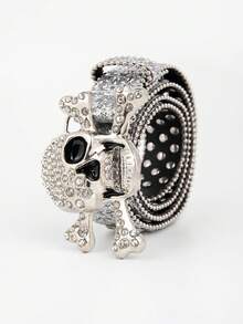 1 pieza Cinturón de hombre estilo punk rock Y2K de mezclilla plateada con hebilla de metal de calavera, strass y tachuelas láser, accesorio versátil para jeans y uso diario - Plateado - Ver 6