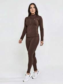 Women's 3-Piece Gym Set – Zippered Jacket + Padded Top + Leggings - Women's 3-Piece Gym Set – Premium Women's 3-Piece Gym Set For Autumn And Winter - 咖啡棕色 - 查看 2
