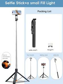 170cm Extendable Selfie Stick Tripod With Fill Light, One-Click 360° Rotating Phone Holder With Detachable Bluetooth Remote, Portable Live Streaming Blogger Travel Tripod - Type a - View 11