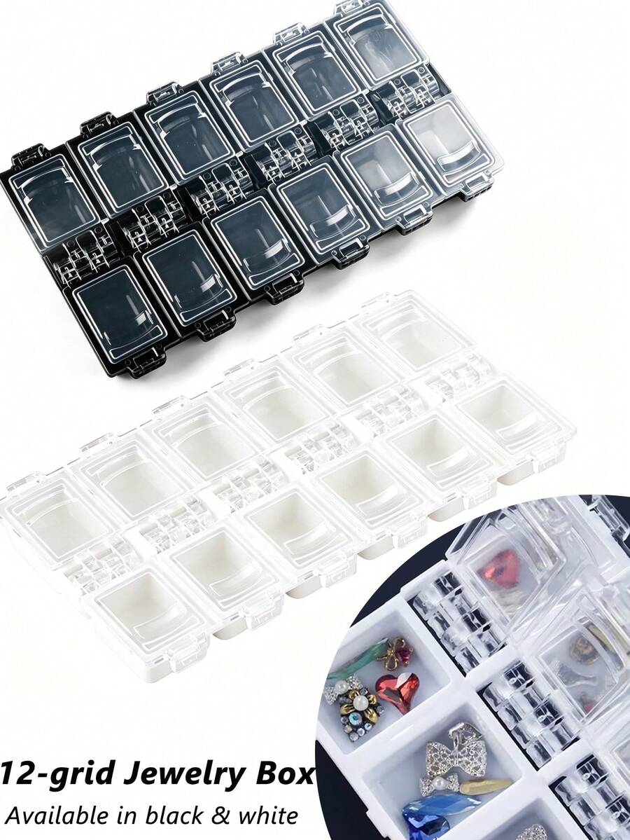 1個 12格透明蓋收納盒(白色/黑色)– 適用於美甲裝飾品、珠寶和小零件;美甲沙龍與工作室的理想選擇 - 彩色 - 查看 1