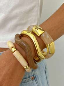 Bohemian Style 4pcs/3pcs/1pc Vintage Elegant Fashion Gentle Boho Vacation Style Geometric Asymmetrical Exaggerated Thick Water Wave Cloud Mist Tie Dye Brown Beige Green Leopard Print Resin Acrylic Spliced Bangle Stackable Curved Elastic Bamboo Joint Golden CCB Open Cuff Bracelet Set Minimalist Premium Basic Casual Multi-Piece Stackable Bracelet Suitable For Women Summer Beach Vacation Party Date Gift Daily Wear Versatile Accessory - Multicolor - View 2