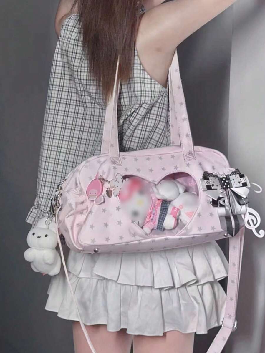 1件可愛清新日系動漫愛心翅膀肩背包,甜美可愛小容量女生斜挎包,精緻天使翅膀設計,高品質星紋尼龍材質附拉鍊開合,DIY透明裝飾包,女款錢包,痛包,適合派對、購物、通勤、活動、搭配穿搭 - 粉色 - 查看 1