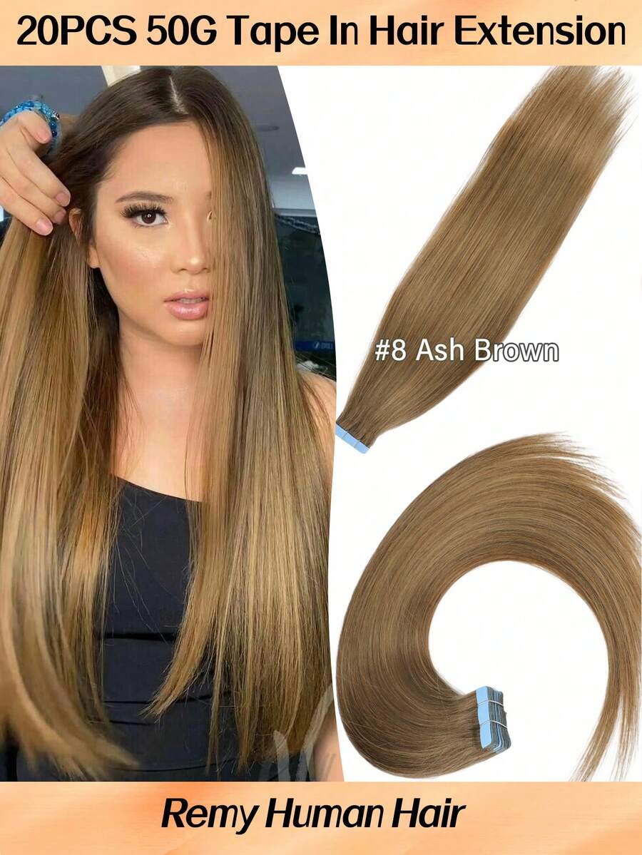 Jessie's Selection 20pcs/Pack 50g Tape In Hair Extensions Skin Weft Remy Silky Straight Seamless Invisible Tape Adhensive 150Grams 100% Human Hair Extensions For Volume Add Length Luxury Quality Affordable Cost Salon Quality(#8 Ash Brown) - S8 - 查看 1