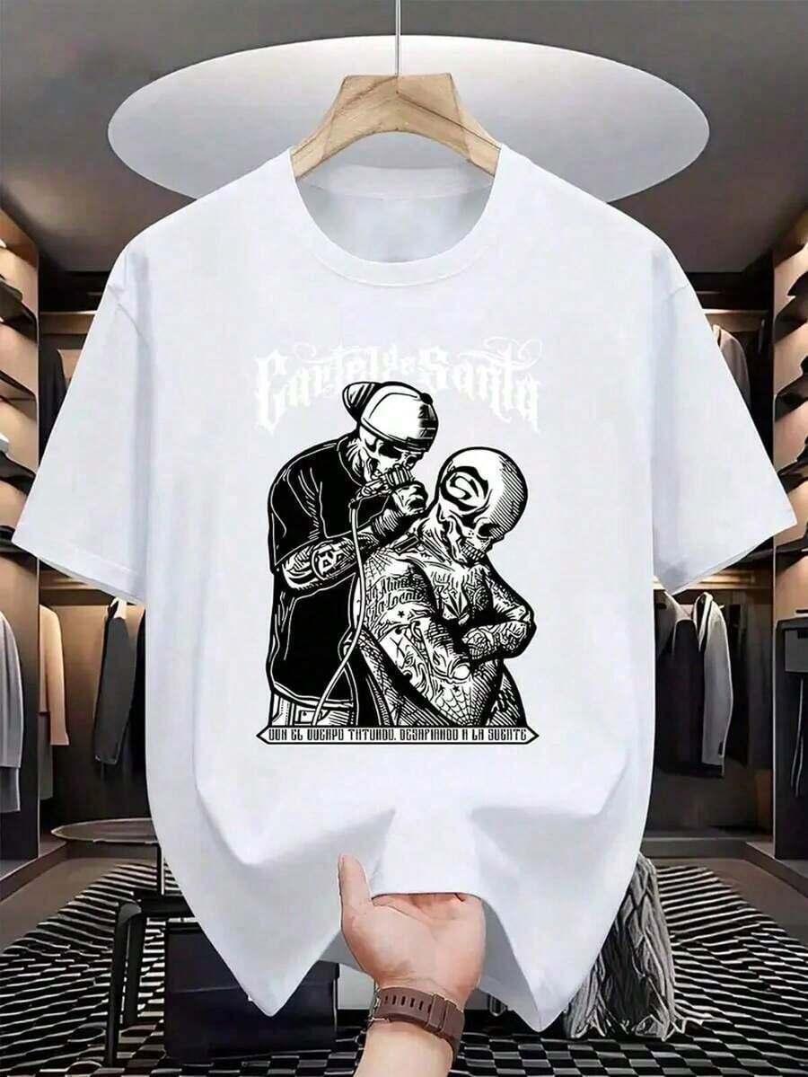 Skull Tattoo Artist, Classic Retro Hop Casual Fashion Y2K Skull Tattoo Popular Skull Letter Print Boutique 180g Cotton T-Shirt - 灰色 - 查看 1