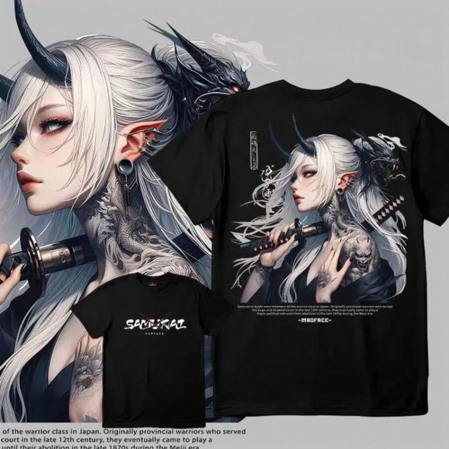 Unisex Black T-Shirt 100% Unwashed Cotton, A320 Geisha Design With Hannya Mask, Anime And Samurai Style, Streetwear Aesthetic Fashion, Casual Wear For Men And Women, Perfect For Use - 綠色 - 查看 1