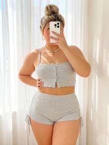 Women's Plus Size Casual Drawstring Camisole Tank Top & Shorts Pajama Set, Suitable For Spring, Autumn And Summer - Grey - View 4