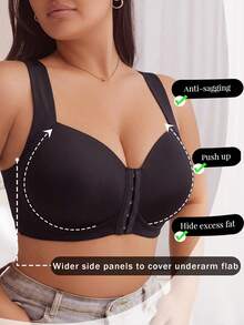 Plus Size Solid Color Front Closure Supportive Bra With Comfortable Wide Straps, Seamless Everyday Underwear - Black - View 3