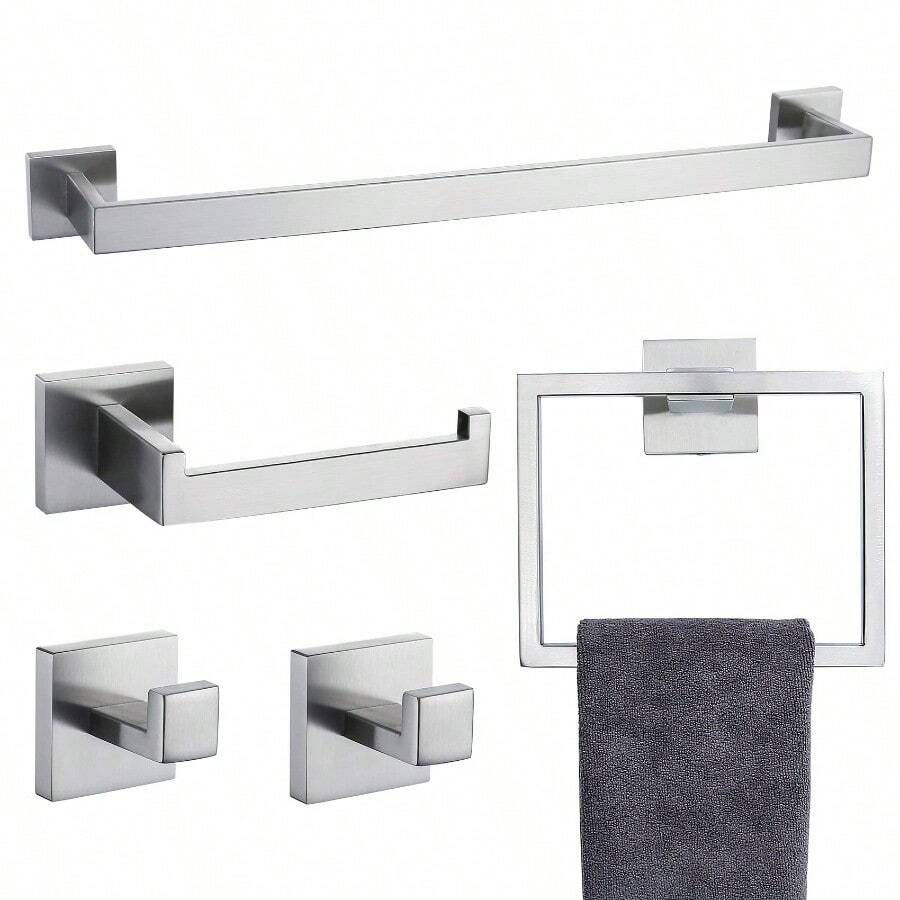 5-Piece Bathroom Accessory Set With Towel Rack, Toilet Paper Holder With Shelf, Wall Mounted, Brushed Gold, Stainless Steel, Bathroom Accessory Set - Brushing - View 1