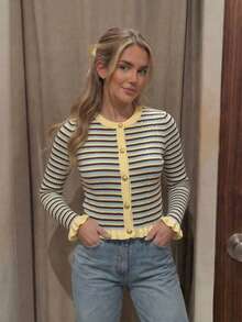 Women's Autumn Striped Patchwork Round Neck Metal Button Ruffle Hem Long Sleeve Knit Cardigan, Multi-Color Striped Knit Sweater Fall - Multicolor - View 2