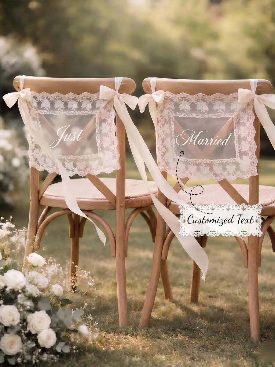 新婚夫妻專屬蕾絲 Just Married 椅背裝飾牌,透視蕾絲婚禮椅飾,客製化婚禮椅背橫幅 - 多色-蕾絲座椅標籤 - 查看 1