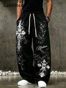 Lonblece American Street Gothic Style Cross Print Sweatpants Men's Brand Loose Straight Leg Wide Leg Casual Long Pants - Black - View 1