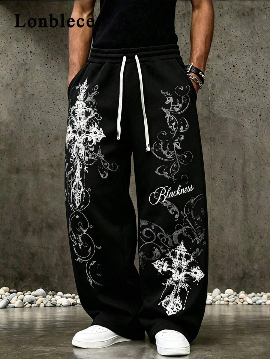 Lonblece American Street Gothic Style Cross Print Sweatpants Men's Brand Loose Straight Leg Wide Leg Casual Long Pants - Black - View 1
