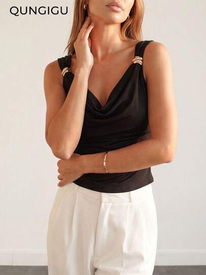 QUNGIGU Women Cowl Neck Basic Casual Office Ruched Shoulder With Gold Decor Top Summer Apparel For Going Out Dating Home Daily Wear