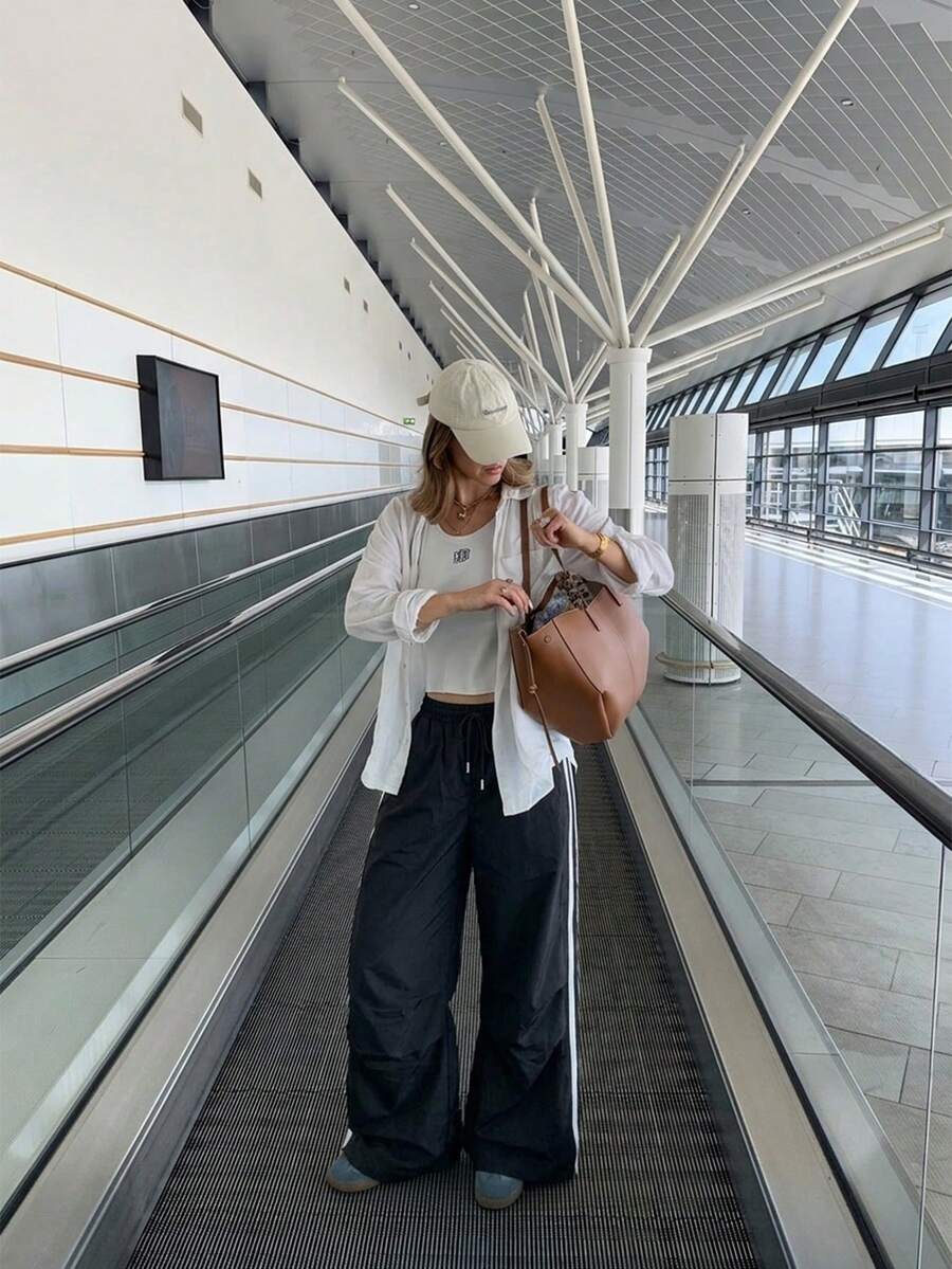 Drawstring Side-Stripe Loose Wide-Leg Parachute Pants
