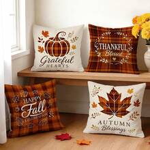 4 Stücke Herbst-Kariert Kürbis Ahornblatt Muster einseitig bedruckte Kissenbezüge/Kissenbezüge, Multi-Szenen Atmosphäre Dekoration Kissenbezüge geeignet für Wohnzimmer Sofa Schlafzimmer, ohne Kissenfüllung, 40x40cm/45x45cm/50x50cm - Verschiedenfarbig - Übersicht 1