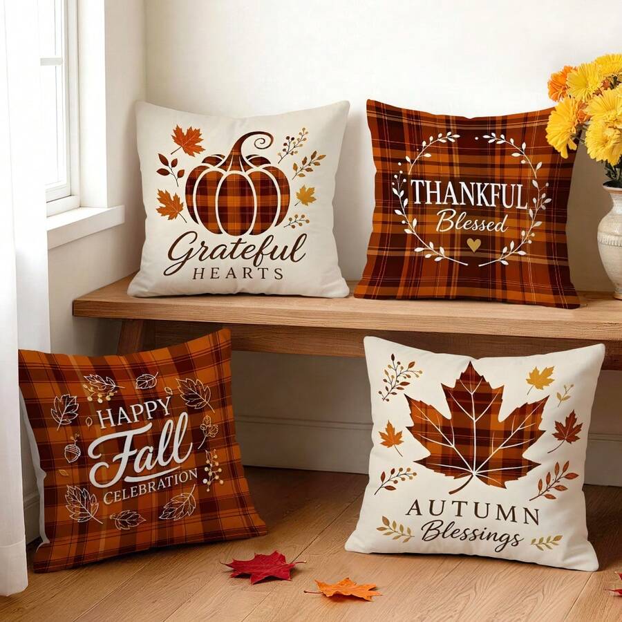 4 Stücke Herbst-Kariert Kürbis Ahornblatt Muster einseitig bedruckte Kissenbezüge/Kissenbezüge, Multi-Szenen Atmosphäre Dekoration Kissenbezüge geeignet für Wohnzimmer Sofa Schlafzimmer, ohne Kissenfüllung, 40x40cm/45x45cm/50x50cm - Verschiedenfarbig - Übersicht 1