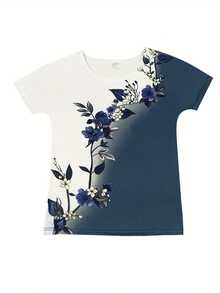 New Women's Short-Sleeved T-Shirt, European And American Style, With Round Neck, Floral Print, Color Block Design, Slim And Casual Fit. - 藍色 - 查看 2