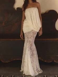 DOUCIU Asymmetric Lace Patchwork Strapless Dress For Party And Events - White - View 1