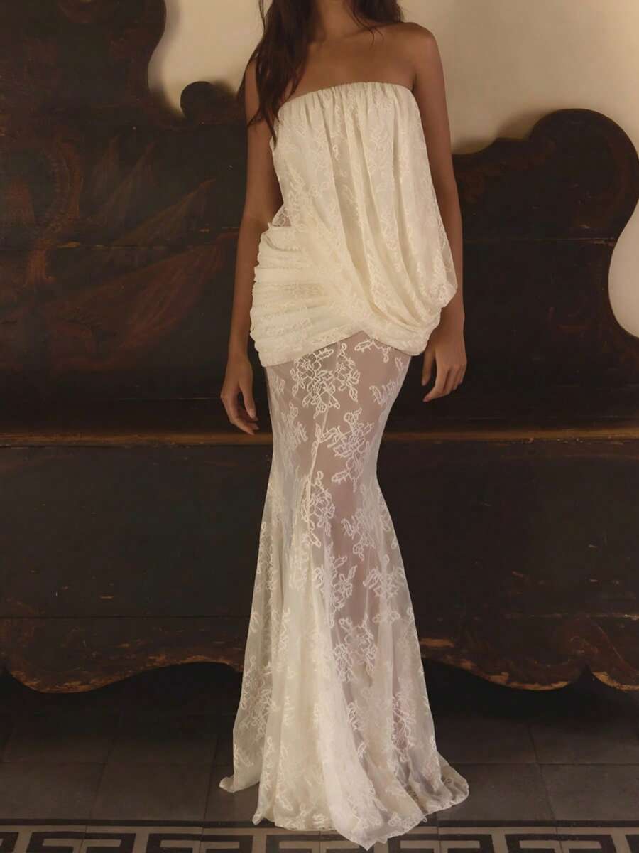 DOUCIU Asymmetric Lace Patchwork Strapless Dress For Party And Events - White - View 1