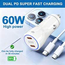 60W Dual Port USB C Car Charger For IPhone 17 16 15, With USB C Data Cable, Type C Car Adapter, Compatible With IPhone 17 16 15 Pro/Pro Max, Android/Tablet/Series - White - Car Charger - View 3