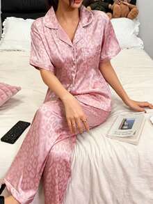 Dreamivo Short Sleeve & Long Pants Jacquard Leopard Print Premium Loungewear Set - Pink - View 4