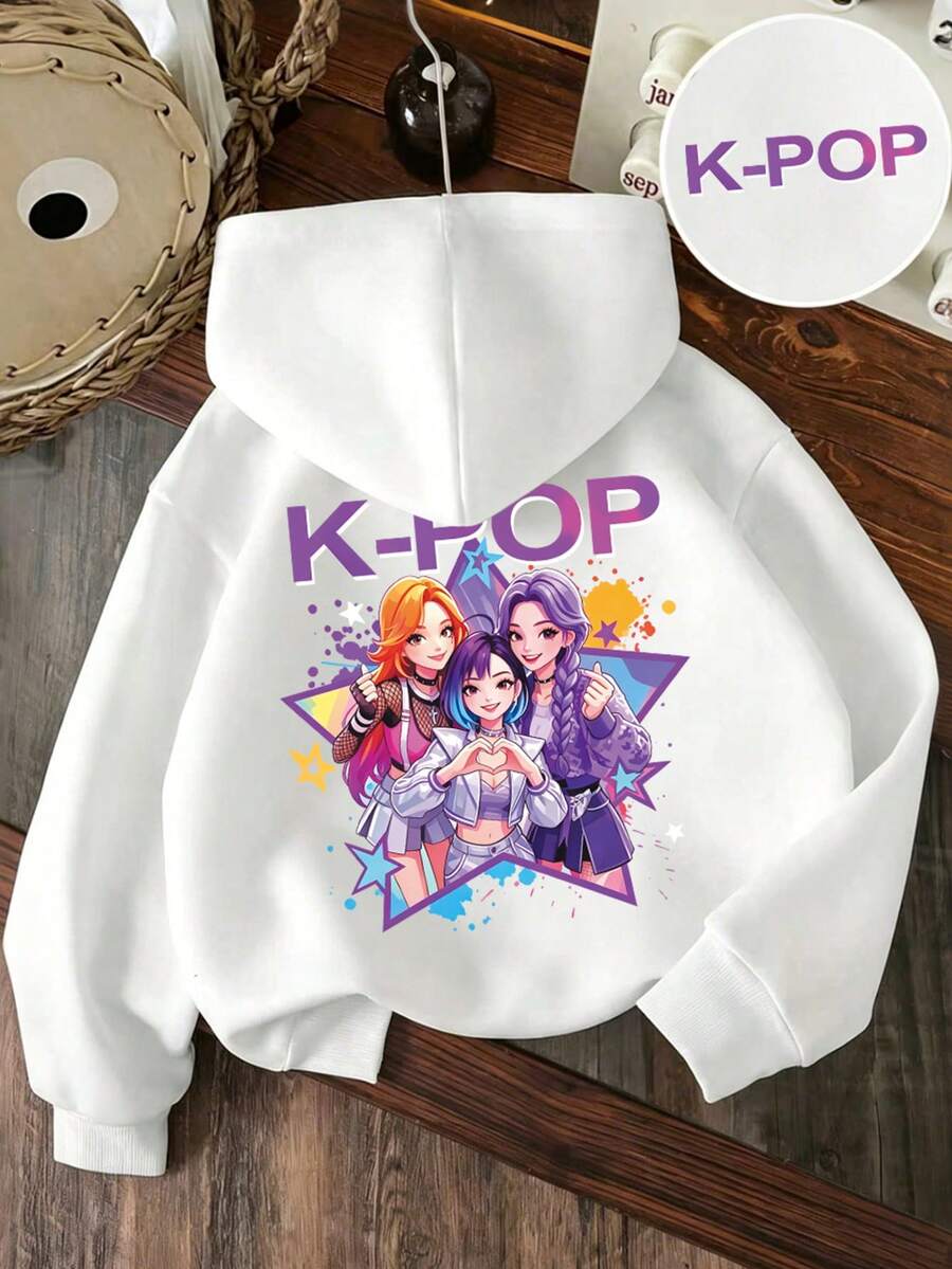 Tween Girl Cartoon Character Print Sweatshirt - White - View 1