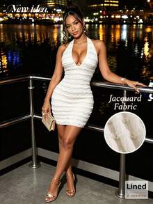 NEW IDEA Women's Elegant Sexy White Jacquard Halter Neck Short Summer Dress, Deep V Backless Textured Pleated Bodycon Mini Dress, Suitable For Yacht, Beach Vacation, Night Out - White - View 8