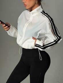 Colorblock Full Zip Drawstring Hem Sports Jacket, Suitable For Spring And Autumn - White - View 2