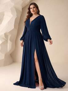 UNITHORSE Vestido de dama de honor de gasa plisada con escote en V profundo y mangas farol para mujer de talla grande - Azul Marino - Ver 4
