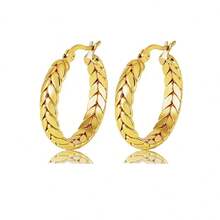 1pair French Vintage Stainless Steel Twist Hoop Earrings Textured Braided Wheat Ears Huggie Hoops Tarnish Free Waterproof Gold Jewelry Gift For Her - Gold - View 9