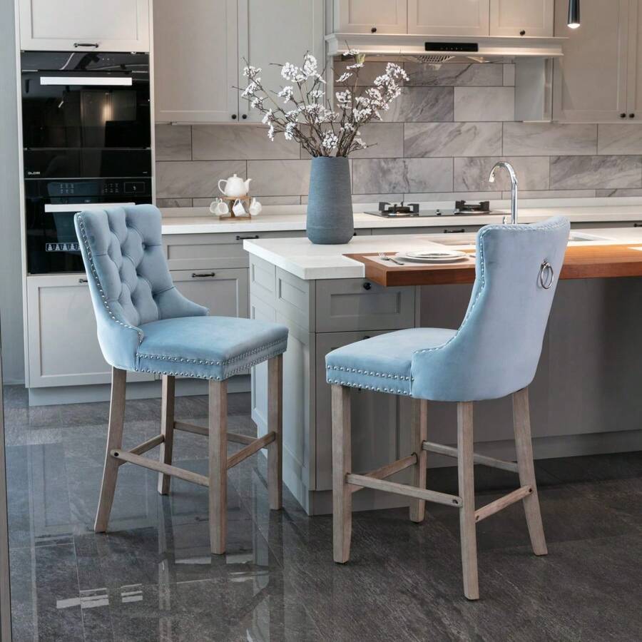 Set Of 2 Bar Stools With Velvet Upholstery / Medieval-Modern Style Bar Stools / Weight Capacity Up To 300 Lbs / High-Elasticity Foam / Suitable For Restaurants Or Kitchens - 淺藍色 - 查看 1