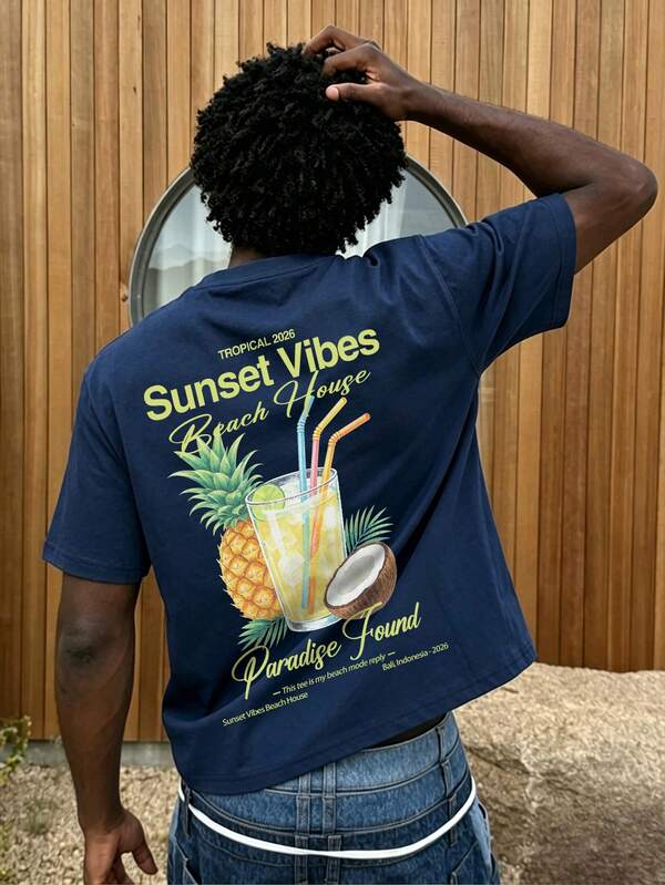 Men's Casual Vacation Minimalist Pineapple Watermark & Letter Print Crew Neck Short Sleeve Summer T-Shirt