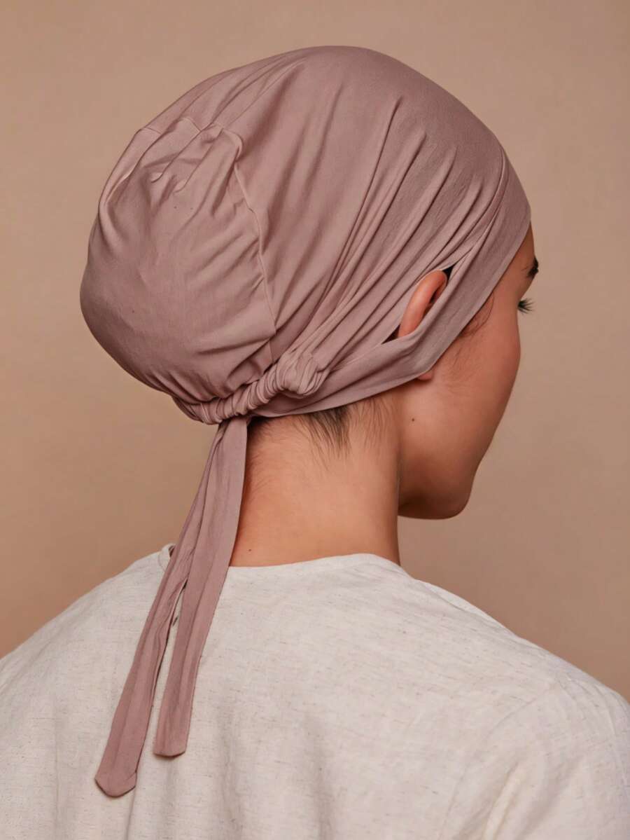 1pc Hijab Cap For Middle Eastern Arab Women, Solid Color Silk Cotton Modal With Embedded Elastic Drawstring, Adjustable Tie, Upgraded Ear-Exposing Headscarf Inner Lining, Suitable For Daily Wear