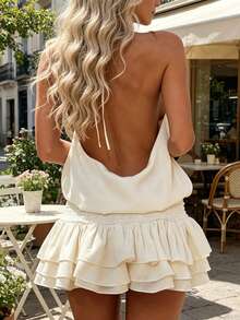 Summer Halter Dress For Women Sleeveless Ruffle Open Back Tiered Layered Chiffon Pleated A Line Swing Mini Dress - trắng - Xem 4
