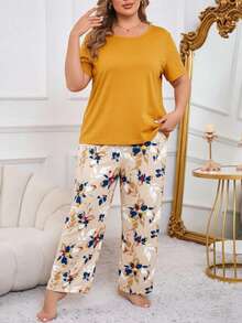 Plus Size Yellow Solid Color Short Sleeve Top & Printed Pants 2 Pieces Pajama Set Women Loungewear - Yellow - View 3