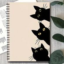 1pc A5 Size Cute Cat Spiral Notebook - Japanese Manga Style Plush Diary, Black & White Cat Face, Heart & Star Pattern, Suitable For School And Office Planner - Gift For Cat Lovers - Multicolor - View 7