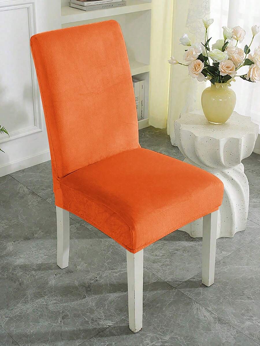 1 pieza Funda de silla de terciopelo de unicolor con alta elasticidad, funda de silla para decoración del hogar, adecuada para comedor, dormitorio, sala de estar, exterior, hotel, boda, oficina, cocina, resistente a manchas y polvo, a prueba de mascotas, funda de silla y cojín para decoración del hogar de otoño - Naranja - Ver 1