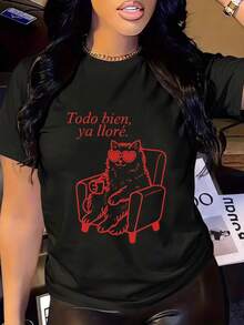 1pack Impala Women's Casual Short Sleeve Crew Neck T-Shirt With Cat Graphic Print 'Todo Bien Ya Ll T-Shirt From Mexico Tops - 黑色 - 查看 3