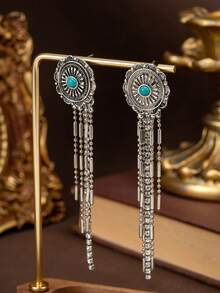European & American Vintage Faux Turquoise Tassel Earrings For Women, Bohemian Western Cowboy Style Long Dangle Earrings, Personalized Exaggerated Distressed Metal Music Festival Party Ear Jewelry - Turquoise Tassel Earrings - View 4