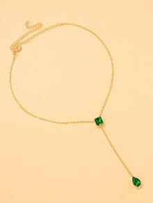 outingfit 1pc New Vintage Geometric Shape Emerald Green Square Rhinestone Necklace With Water Drop Pendant Accessory For Women - Gold - View 3