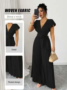 Nuevo mono para mujer con cuello en V, mangas campana con volantes, pierna ancha fruncida, estilo ceñido y acampanado, para uso casual, viajes, fiestas, - Negro - Ver 1