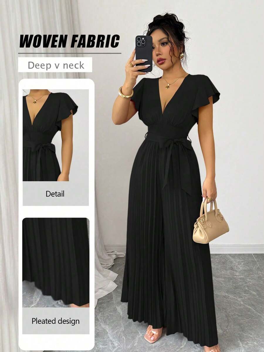 Nuevo mono para mujer con cuello en V, mangas campana con volantes, pierna ancha fruncida, estilo ceñido y acampanado, para uso casual, viajes, fiestas, - Negro - Ver 1