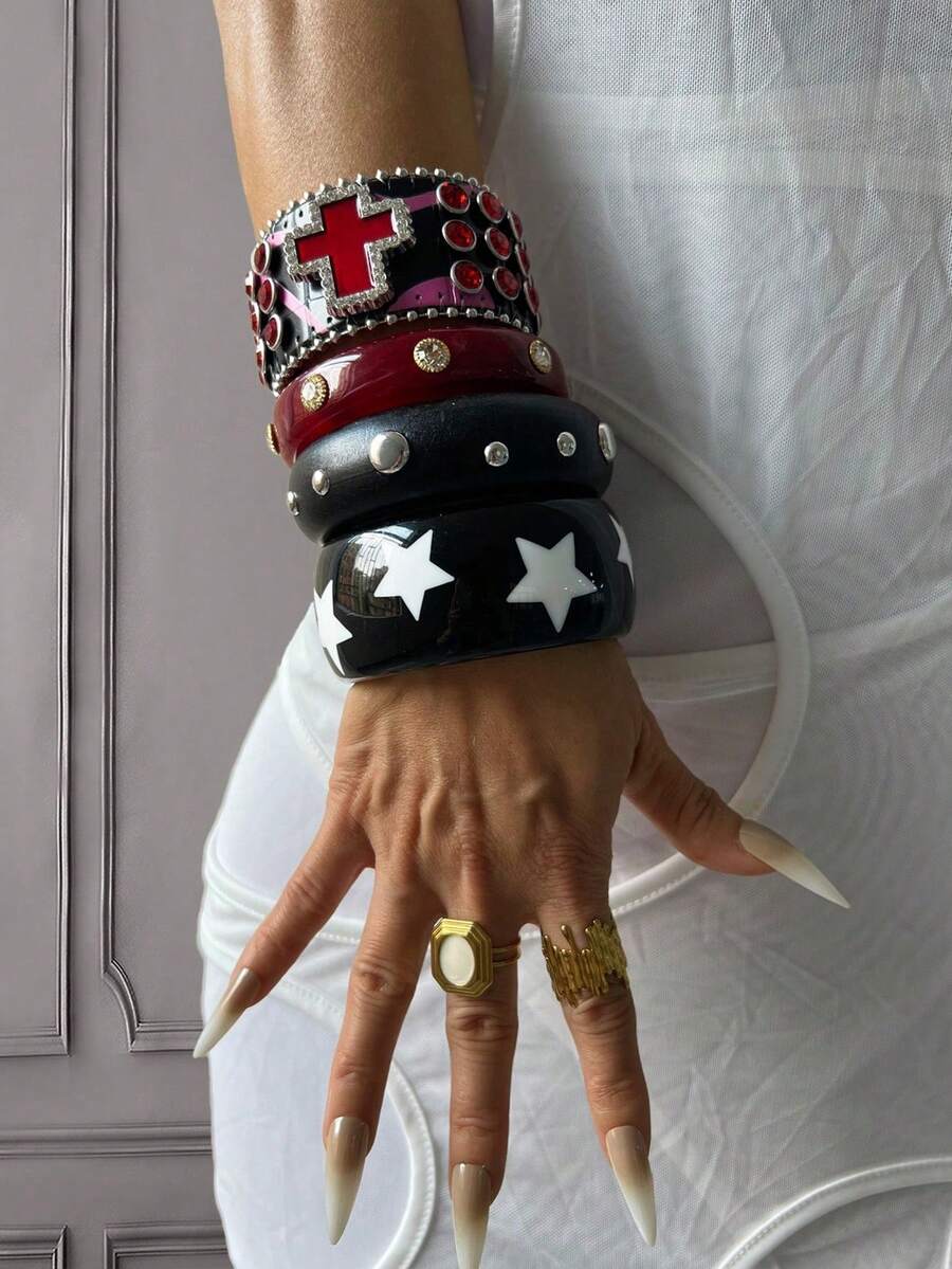 3pcs Luxury Bracelet Set, Resin Bracelet, Red Bracelet, Black Bracelet, Wide Cuff Bracelet, Women's Bracelet, Unique Gift For Her - Multicolor - View 1
